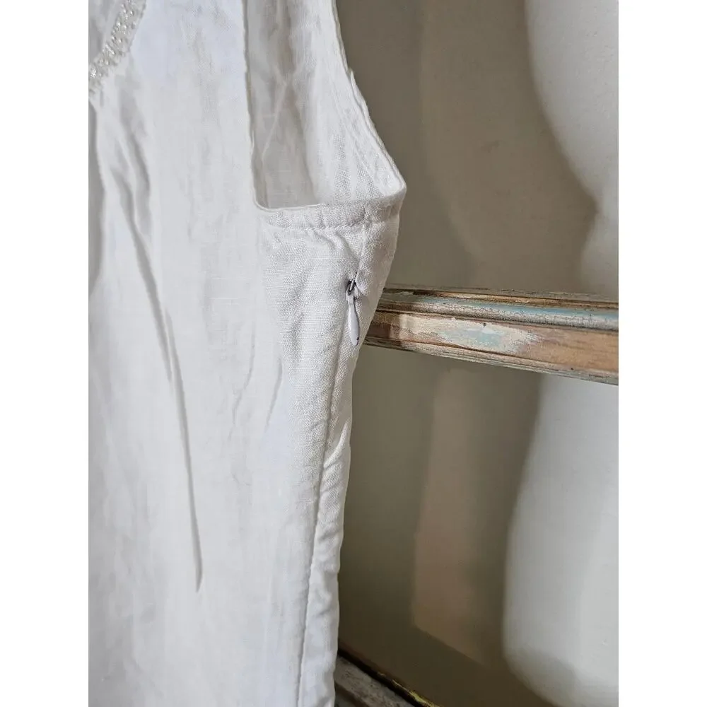 Linen Dress White Drop Waist Pearl Accents by Malvin Germany Ladies size Small - Picture 6 of 11